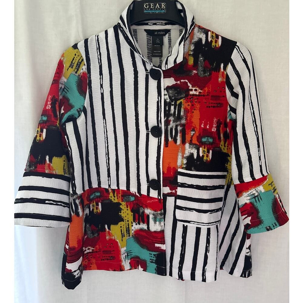 Ali Miles Black & White Striped Blazer with Colorblock Abstract Panels